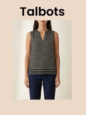 Talbots Black & White Sleeveless Split-Neck Printed Top Size Large